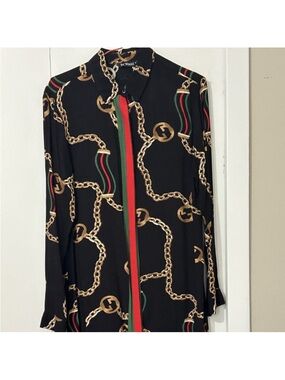 Black Chain-Print Long-Sleeve Dress Shirt with Red & Green Stripe
